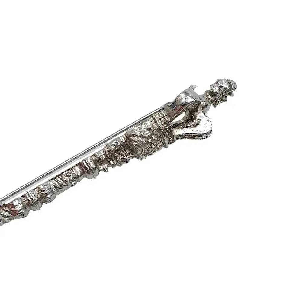 Crown Cross Scepter Staff Long Brooch Pin Silver Tone Vintage